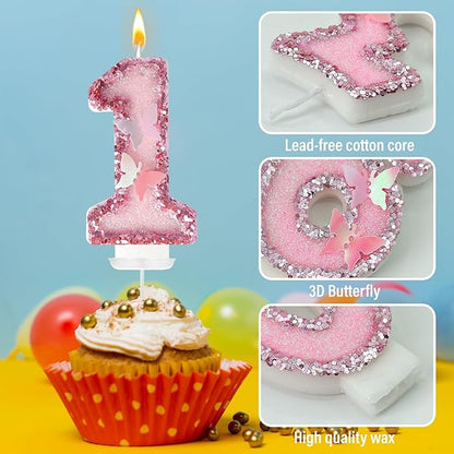 10th Birthday Candles, Glitter Butterfly Cake Toppers Pink Sequins Numeral Cupcake Decorations, Suitable for Girl and Boy Cakes, Party Celebrations, Birthday Decorations