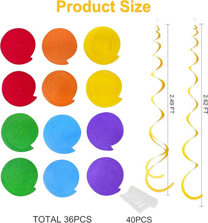 36 Pcs Rainbow Hanging Swirl Decorations Colorful Felt Swirl Streamer Spiral Ceiling Decorations Garland for Birthday Wedding Bridal Shower Baby Shower Carnival Fiesta Festival Party Supplies