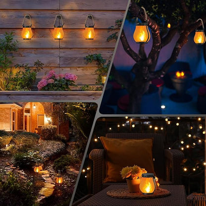 Hompavo Gen2 Solar Lanterns Outdoor with Ultra-Real Flame, Dual Charging (USB/Solar) & 2 Mode - Waterproof Decorative Hanging/Table Lights for Yard Patio Garden Birthday Mothers Day Gifts for Women, 4