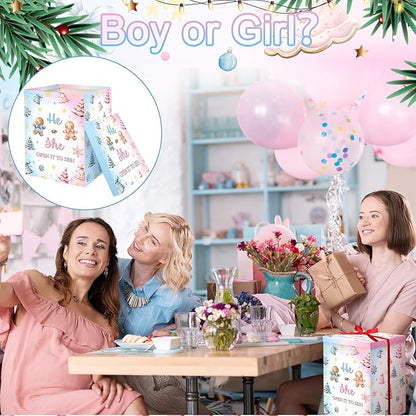 Hungdao Gender Reveal Balloon Box with Ribbon and 10 Pink and Blue Balloons Gender Reveal Games He or She Open to See for Party Decoration 12"x12"x16" (Gingerbread and Trees)