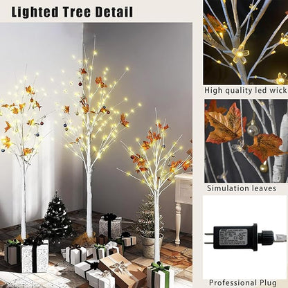 AWQM 4 Feet 5 Feet and 6 Feet Lighted Cherry Blossom Tree, Pack of 3, 200 LED Lights 24 Maple Leaves 24 Balls, for Home, Festival, Party, and Christmas Decoration, Indoor and Outdoor Use (White)