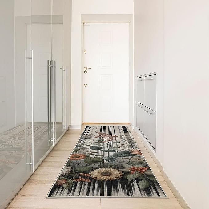 Ambesonne Botanical Decorative Rug, Nostalgic Garden Pattern with Flowers and Leaves on Retro Stripes, Quality Carpet Bedroom Dorm and Living Room, 2' 5" x 7' 5", Sage Green and Salmon