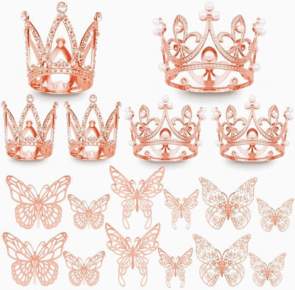 42PCS Crown Cake Topper Mini Tiara with 3D Butterfly Decoration Vintage Pearl Rhinestone Crown Cake Topper Cupcake Topper Cake Decoration for Birthday Wedding Anniversity Party Baby Shower (Rose Gold)