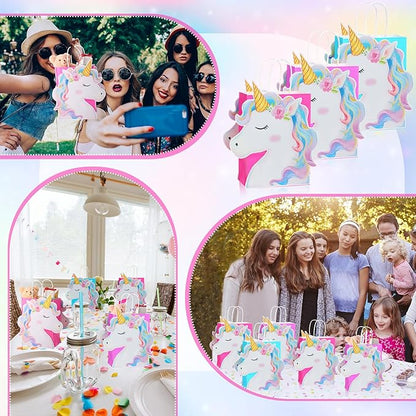 Kolldenn 24 Pack Unicorn Party Favor Bags Goody Bags 3 Colors with 48 Pcs Cardstocks and Handles for Unicorn Birthday Party Gift Goody Treat Candy for Unisex Favors