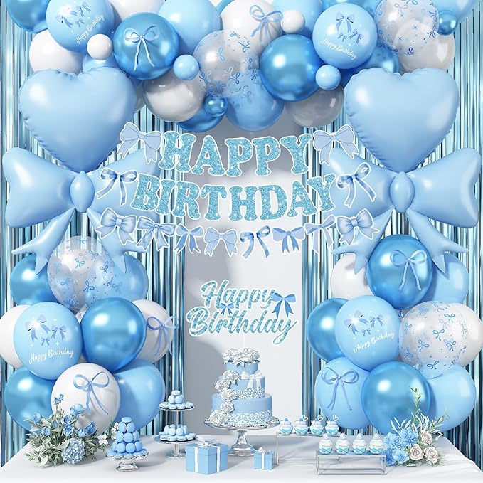Blue Bow Birthday Party Decorations, Coquette Baby Blue White Bows Balloons with Mini Bows Decor Happy Birthday Banner Fringe Curtain for Women Girls Bows Bachelorette Baby Shower Party Decoration