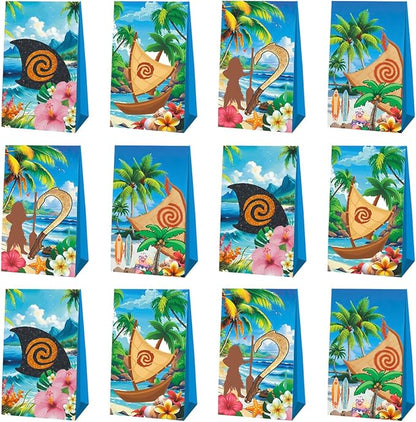 12pcs Cartoon Ocean Girl Party Favor Bags Candy Boxes, Moa Hawaiian Gift Bags Birthday Party Supplies