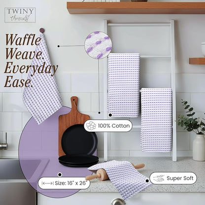 TWINY threads Waffle Weave Kitchen Towels Set of 4, Premium 100% Cotton, 16x26 Inches Dishcloths Pack, Ultra Absorbent & Quick Dry Wash Rags for Home Kitchens, Lavender, White