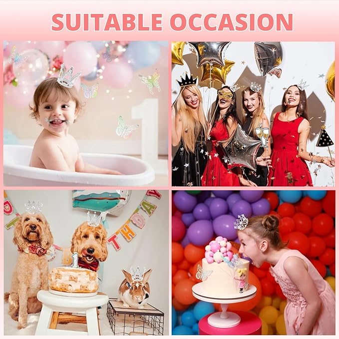 42PCS Crown Cake Topper Mini Tiara with 3D Butterfly Decoration Vintage Pearl Rhinestone Crown Cake Topper Cupcake Topper Cake Decoration for Birthday Wedding Anniversity Party Baby Shower (Silver)