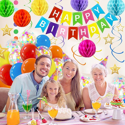 ZERODECO Birthday Decorations, Easy to Assemble Colorful Happy Birthday Banner with Honeycomb Ball, Balloon, Hanging Swirl Streamer, Garland, Happy Birthday Party Decorations for Women Girls Kids