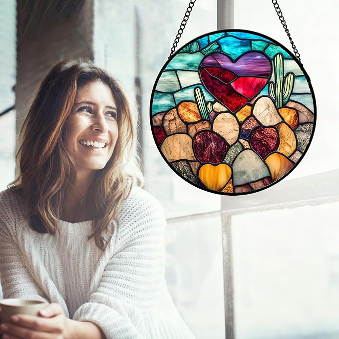 Stained Glass Window Hanging Red Heart-Shaped Stone 6.3" - Suncatcher Door Garden Sun Catcher Home Decor Birthday Anniversary Valentines Day Gifts for Woman Wife Men Her Him Lovers