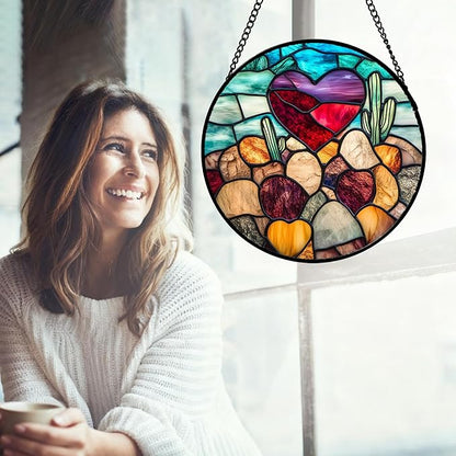 Stained Glass Window Hanging Red Heart-Shaped Stone 6.3" - Suncatcher Door Garden Sun Catcher Home Decor Birthday Anniversary Valentines Day Gifts for Woman Wife Men Her Him Lovers