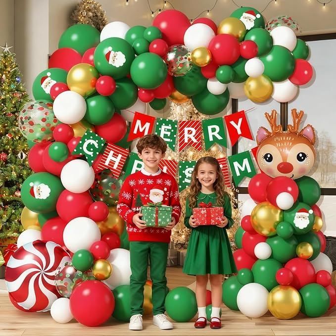 Mxdfafa 104PCS Christmas Balloon Arch Kit, Red Green White Gold Latex Balloons with Santa & Reindeer Foil Balloons, Merry Christmas Banner, DIY Garland Kit for Holiday Party Decor