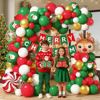 Mxdfafa 104PCS Christmas Balloon Arch Kit, Red Green White Gold Latex Balloons with Santa & Reindeer Foil Balloons, Merry Christmas Banner, DIY Garland Kit for Holiday Party Decor