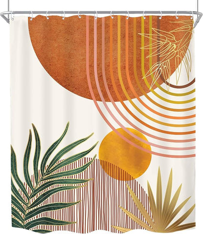 KOMLLEX Mid Century Orange Boho Shower Curtain 60Wx72L Inches Abstract Modern Shower Curtains for Bathroom Decor Plant Botanical Minimalist Arch Sun Fabric Liner Waterproof Polyester 12 Pack Hooks