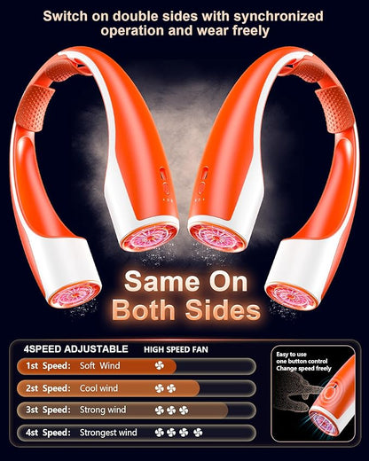 Rohent Personal Neck Fan for Outdoor: Powerful High Speed Personal Fan 360° Cooling - 4000mAh Battery Operated Rechargeable Neck Fan for Travel Camping - Orange