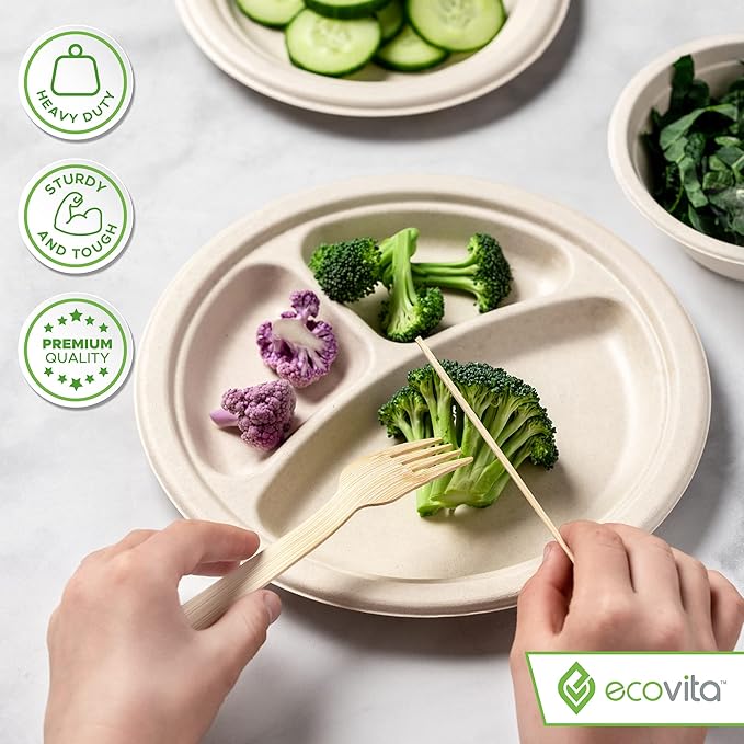 Ecovita 100% Compostable Paper Plates [9 in.] COMPARTMENTS – 150 Disposable Plates Eco Friendly Sturdy Tree Free Liquid and Heat Resistant Alternative to Plastic or Paper Plates