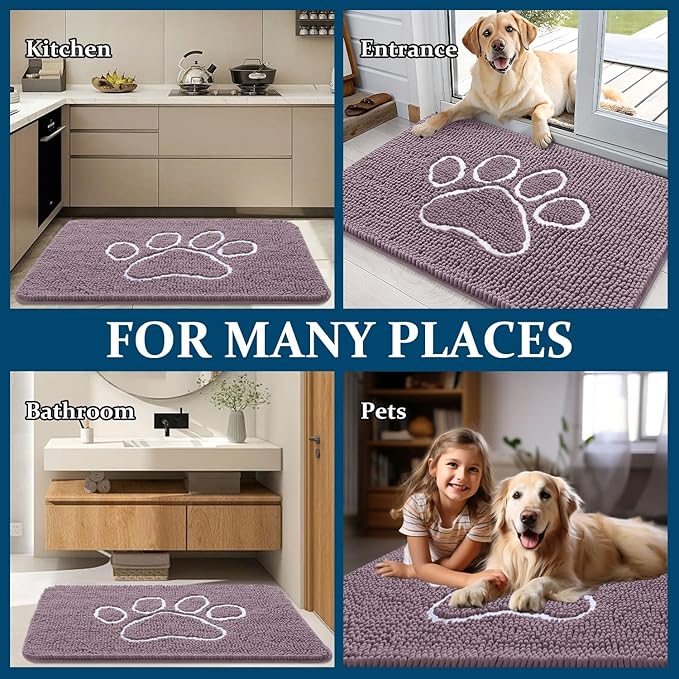 OLANLY Dog Door Mat for Muddy Paws 30x20, Paw Print Design, Absorbs Moisture and Dirt, Absorbent Non-Slip Washable Doormat, Quick Dry Chenille Mud Mat, Entry Indoor Entryway Carpet, Deep Plum