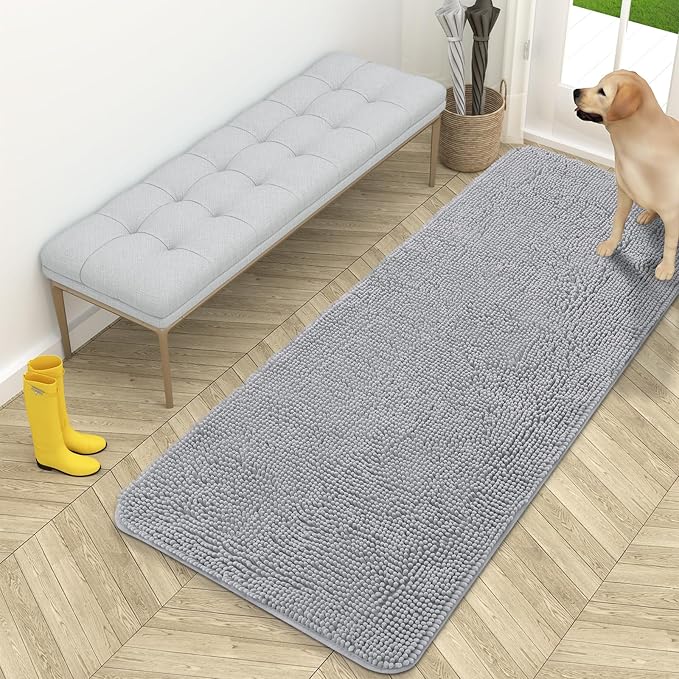 OLANLY Dog Door Mat for Muddy Paws 59x24, Absorbs Moisture and Dirt, Absorbent Non-Slip Washable Doormat, Quick Dry Chenille Mud Mat for Dogs, Entry Indoor Entryway Carpet for Inside Floor, Light Grey