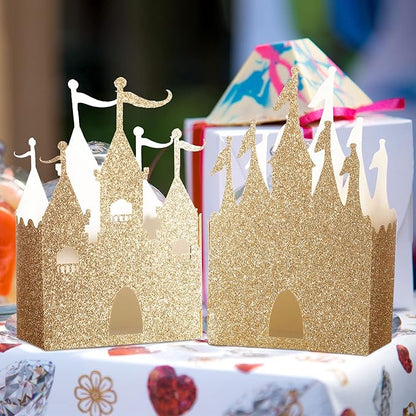 Geiserailie 20 Pieces Castle Box Princess Candy Box Glitter Castle Favor Treat Gift Princess Party Decorations Baby Shower Wedding Supplies(Gold)