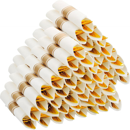 100 Pack Pre Rolled Gold Plastic Silverware Set with Napkins,Disposable Wrapped Heavy Duty Cutlery Set for Wedding Birthday Party-100 Forks,Knives,Spoons,Utensils Set,Plasticware Bulk