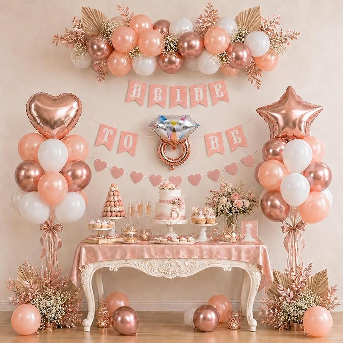 Bridal Shower Decorations Rose Gold Bridal To Be Balloon Set with Star Heart Diamond Ring Foil Balloons Bunting Banner Heart Paper Garland Rose Gold White Bachelorette Marriage Engagement Party Women