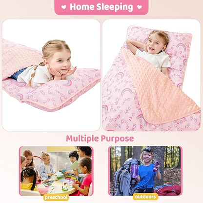Viviland Toddler Kid Nap Mat for Preschool, Girls Pink Rainbow Slumber Bag, Daycare Sleeping Bag with Pillow and Blanket, Kindergarten Sleep Mat