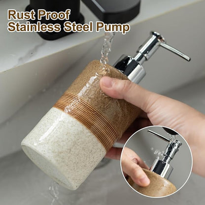 Ceramic Soap Dispenser Set for Hand Soap, Shampoo, Dish Soap, Conditioner, Includes Stainless Steel Pump and Silicone Funnel, 12 Oz, Modern Kitchen Decor