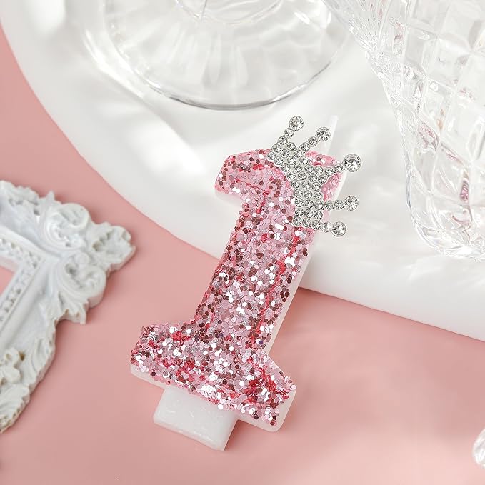 PHD CAKE Birthday Number Candles,Pink Crown Birthday Candles for Cake,Glitter Number 1 Candle Cake Topper with Sequins for Girls,Women, Anniversary Celebrations Supplies