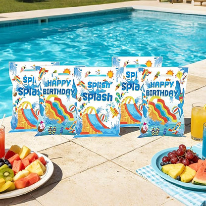 MOIZYNG 50Pcs Splish Splash Summer Birthday Gift Bags with Handles, Blue Splish Splash Happy Birthday Plastic Candy Treat Goodie Bags for Summer Pool Party Favors Supplies