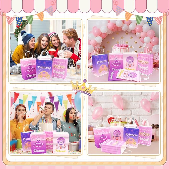 16Pcs Princess Goodie Bags, Pink Princess Party Favor Bags with Handles, 4 Styles Paper Thick Bottom Reusable Castle Treat Candy Gift Bags for Party Decorations Birthday Supplies Baby Shower Wedding(16)