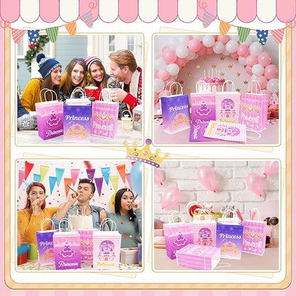 16Pcs Princess Goodie Bags, Pink Princess Party Favor Bags with Handles, 4 Styles Paper Thick Bottom Reusable Castle Treat Candy Gift Bags for Party Decorations Birthday Supplies Baby Shower Wedding(16)