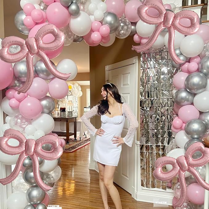 4 Pcs Pink Bow Balloons Bow Party Decorations for Girl Women Pink Bow Birthday Decorations Giant Foil Balloon for Baby Shower Bridal Engagement Wedding Decor Bachelorette Party Supplies