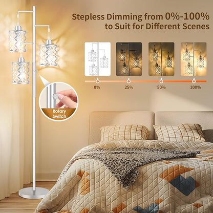 Dimmable Floor Lamp, Farmhouse Standing Lamp with Elegant Metal Cages, Industrial Tall Tree Floor Lamps for Living Room, Bedroom, Study Room, Office, 2000LM LED Bulbs Included -68", Silver