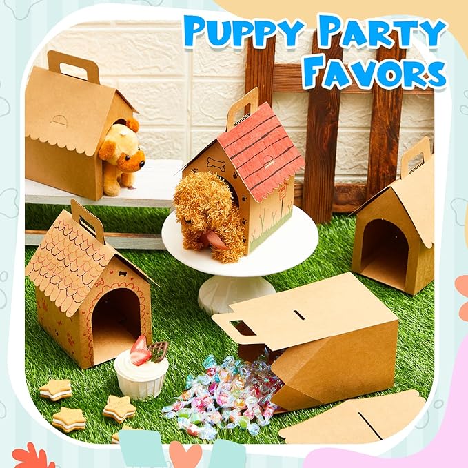 ShinyRelief 36 Pcs Dog Party Favors Boxes Dog House Shaped Treat Gift Boxes with Holes Foldable with Handle for Adopt a Puppy Party Favors Kid DIY Crafting Birthday (Kraft Paper Style)