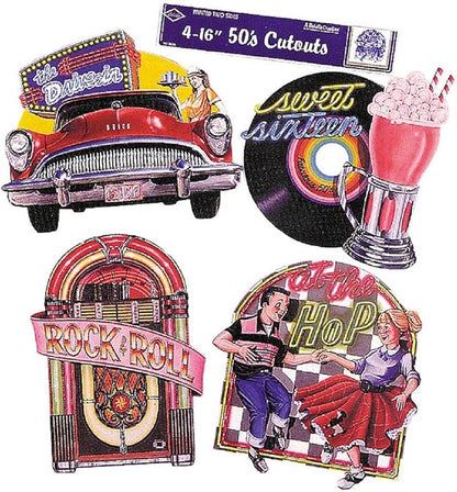 Beistle Fabulous 50’s Cutouts – 4 Pack, Double-Sided Retro Rock & Roll Decorations with Drive-In, Jukebox, Record, and Dance Scene Designs, Vintage Party Décor for 1950’s Themed Events, 14”–16½”