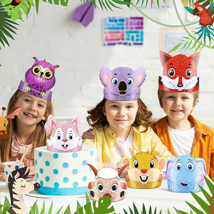 Tinlade 48 Pcs Animal Hats for Kids Jungle Safari Animal Paper Party Crowns Headbands Bulk Zoo Birthday Party Favors for Girls Boys