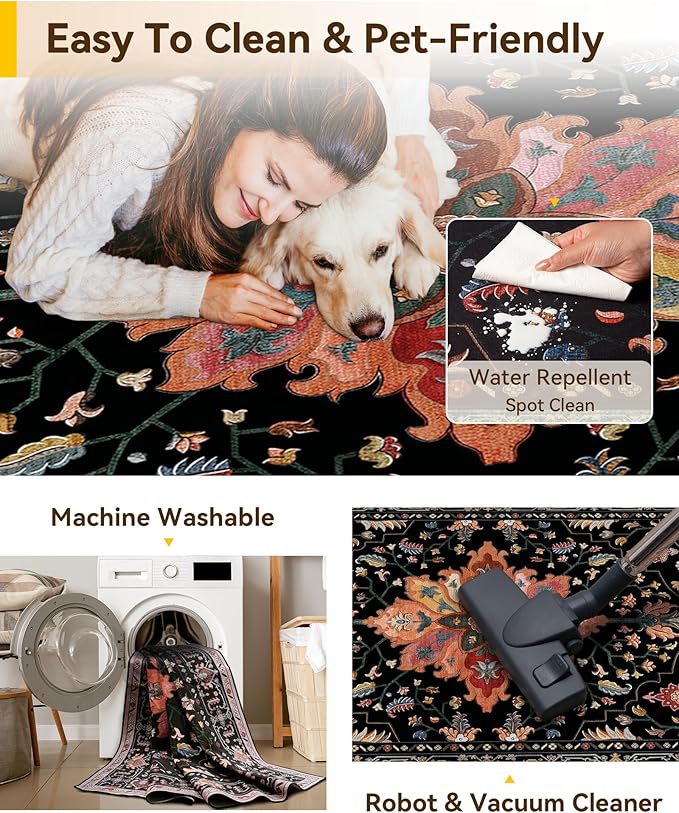 RELEANY Area Rugs 3'x4' Washable Non-Slip, Floral Vintage Distress Print Pattern Medallion Carpet for Living Room Bedroom Dining Room, Black Colorful Floral Dark Tan
