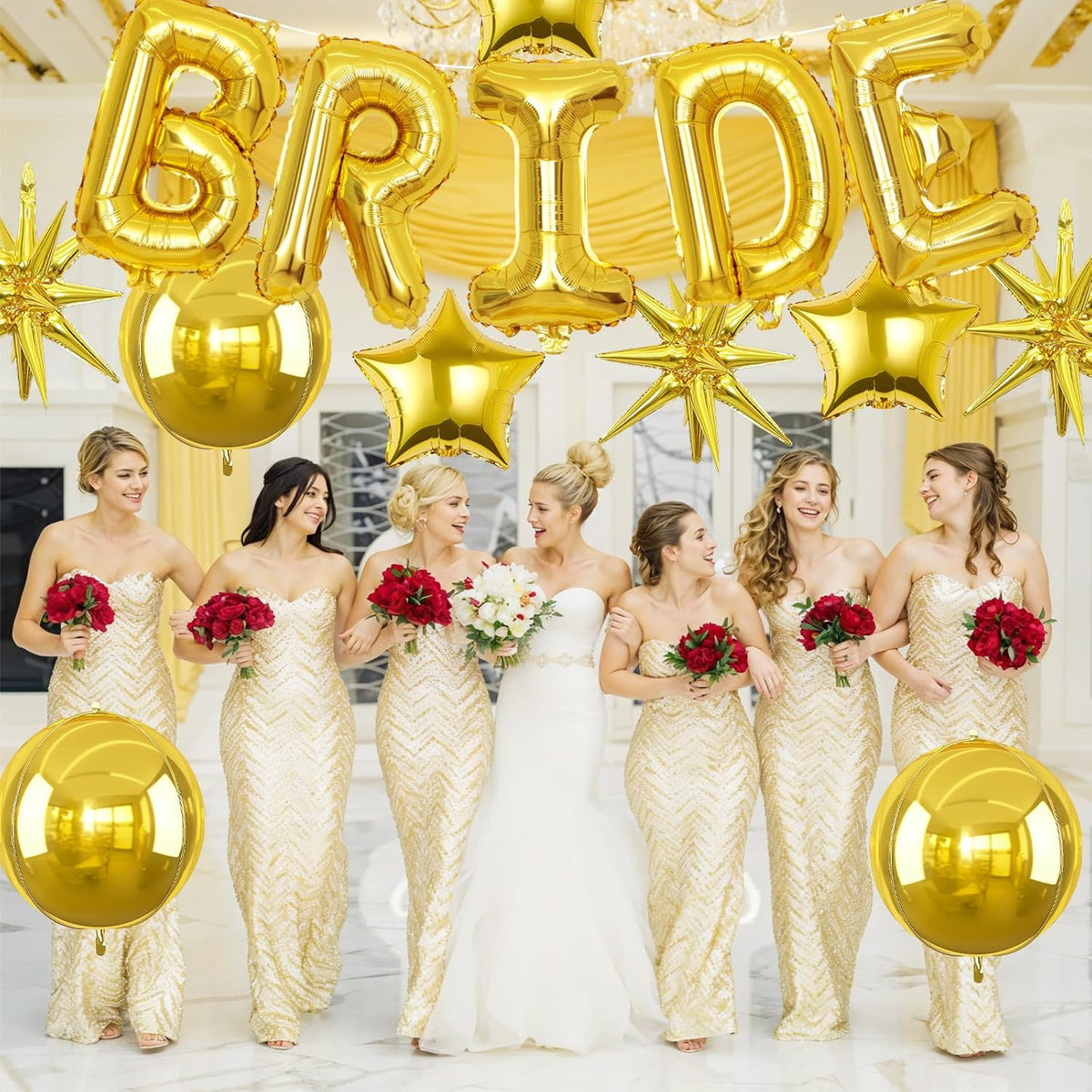 Gold Bride Balloons Bachelorette Party Decorations, 32in Gold Giant Bride Balloons with 4D Disco Ball Balloon and Star Foil Balloon for Bridal Shower Wedding Engagement Party Supplies