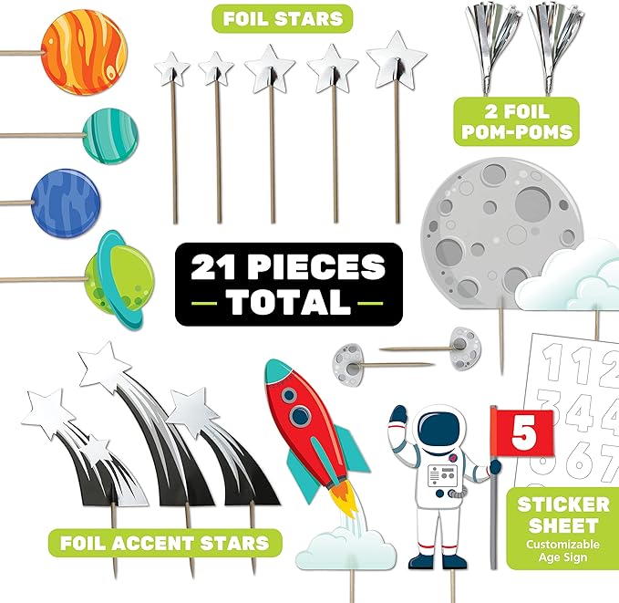 21 Pcs Space Cake Topper for Decorations - Astronaut, Rocket, Planet, and Outer Space Cupcake Toppers for Party Decorations