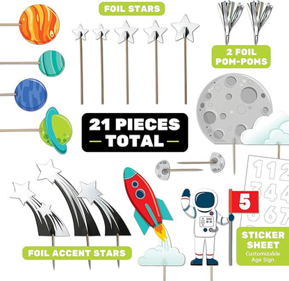 21 Pcs Space Cake Topper for Decorations - Astronaut, Rocket, Planet, and Outer Space Cupcake Toppers for Party Decorations