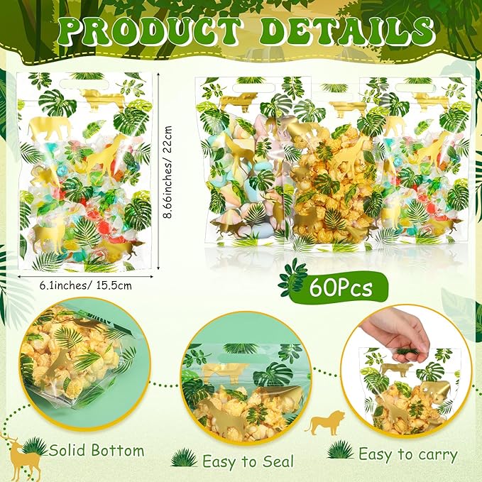 Pasimy 60 Pcs Safari Gift Bags Plastic Jungle Animal Print Favor Bags Safari Animal Palm Leaves Candy Treat Goodie Gold Handbags for Two Wild Jungle Birthday Party Baby Shower Supplies