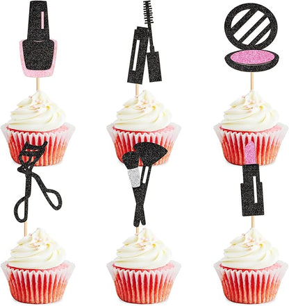 Ercadio 24Pcs Glitter Makeup Cupcake Toppers Mascara Lipstick Cupcake Picks Makeup Brushes Cosmetics Food Picks for Makeup Birthday Cupcake Decors Bridal Shower Bachelorette Party Supplies