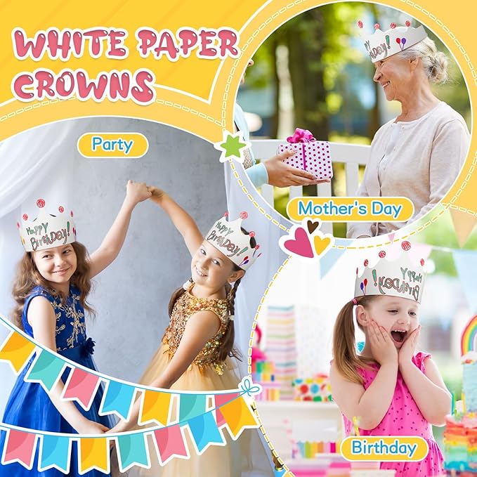 Jetec 50 Pcs White Paper Crowns Kids DIY Birthday Crowns for Classroom Birthday Party Hats Decorations Baby Shower Supplies (Cute)