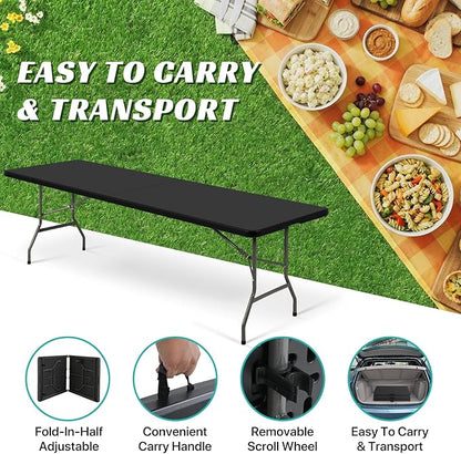 8Ft Folding Table - Heavy Duty Portable Camping Table for Backyard BBQ, Picnic Party, Tailgating & Indoor Events - Water-Resistant Top, Sturdy Steel Frame, Anti-Tip Design, Easy Clean, Black