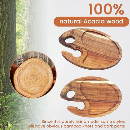 Wine Appetizer Plates Set of 4, Acacia Wooden Mini Charcuterie Boards with Wine Glass Holder, Individual Cocktail Snack Plates for Wine & Cheese Parties, Entertaining & Gifts (Acacia)