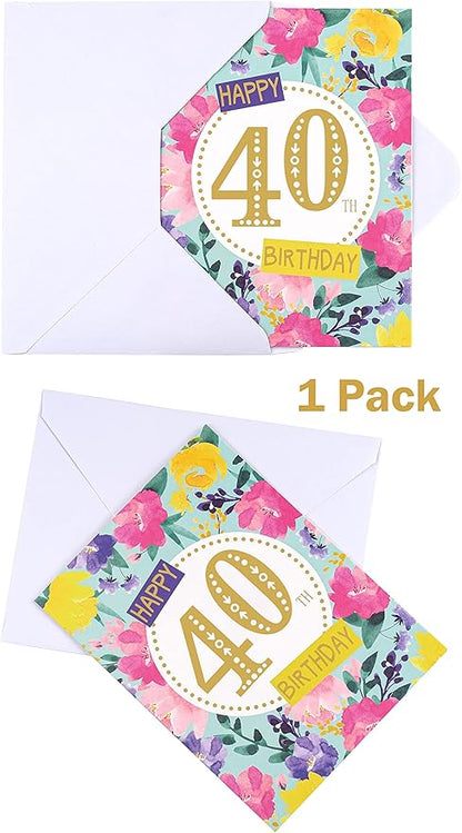 WRAPAHOLIC 13" Large 40th Birthday Gift Bag with Card and Tissue Paper - Floral 40th Birthday