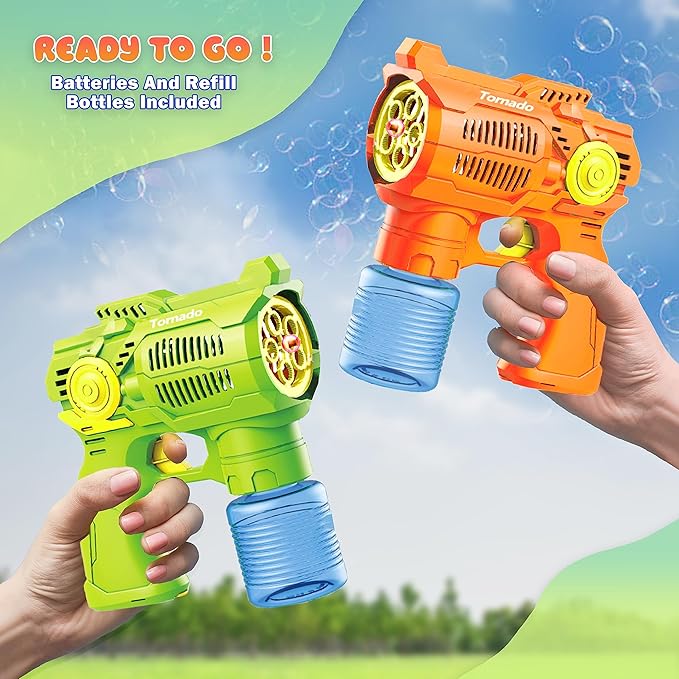2-Pack Bubble Gun Set with Batteries – Automatic Bubble Blower Toys for Kids & Toddlers | 1 Green + 1 Orange Bubble Shooter with Solution Included | Outdoor Fun & Ready to Play
