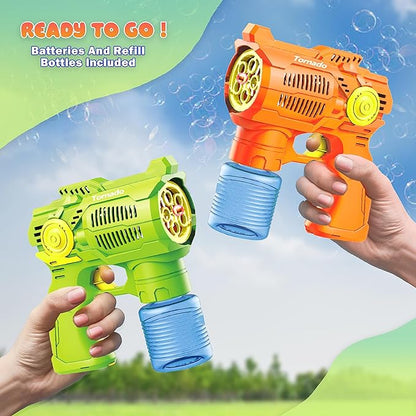 2-Pack Bubble Gun Set with Batteries – Automatic Bubble Blower Toys for Kids & Toddlers | 1 Green + 1 Orange Bubble Shooter with Solution Included | Outdoor Fun & Ready to Play
