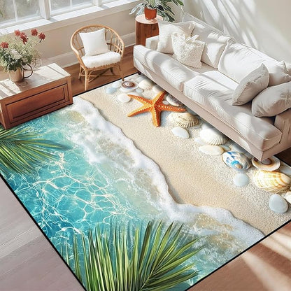 3'x5' Beach Rug Starfish Seashell Area Rugs for Entryway Bedroom Living Room Kitchen Home Decor Ocean Sea Wave Carpt 3D Non Slip Washable Throw Rug Coastal Seaside Floor Mat
