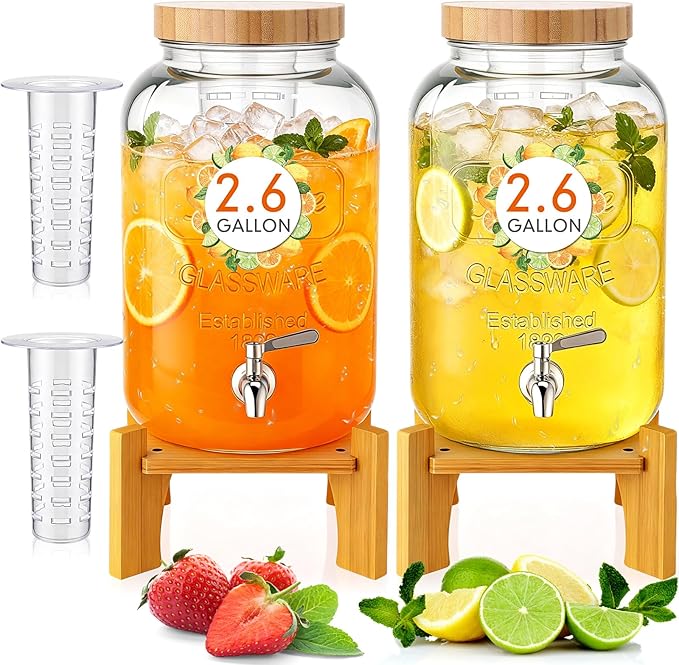 Honeydak 2 Pack 2.6 Gallon Glass Drink Dispenser for Parties, Large Beverage Dispensers with Wooden Stand, Lid & Stainless Steel Spigot for Wedding, Bars, Restaurants, Juice, Water, Lemonade, Cocktail